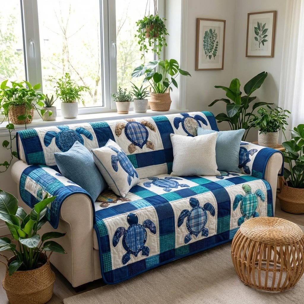 Turtles on Blue and White Checks Sofa Cover