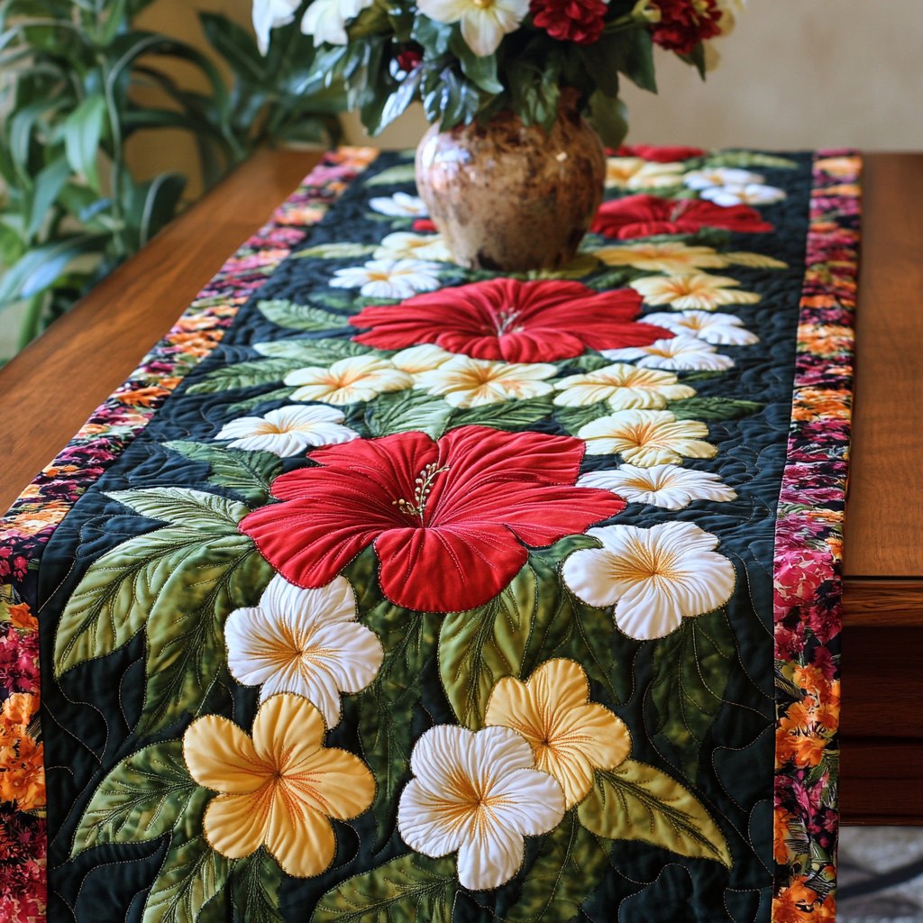Red Hibiscus with White Plumeria Table Runner