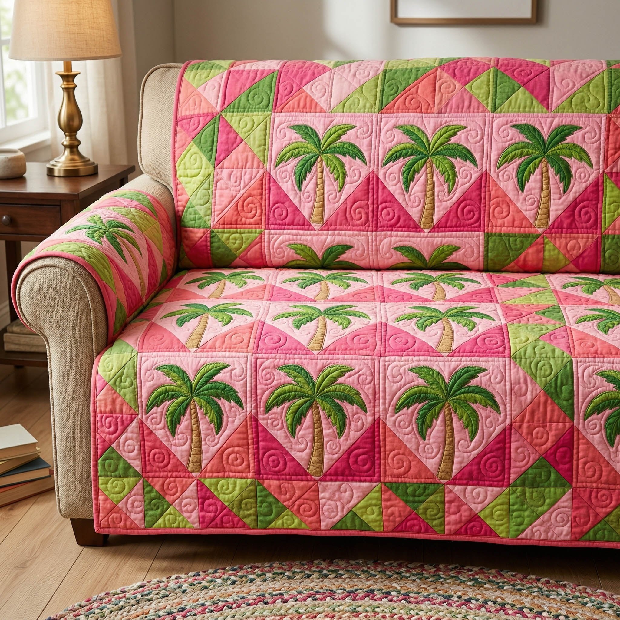 Palm Trees on Pink and Green Squares Sofa Cover