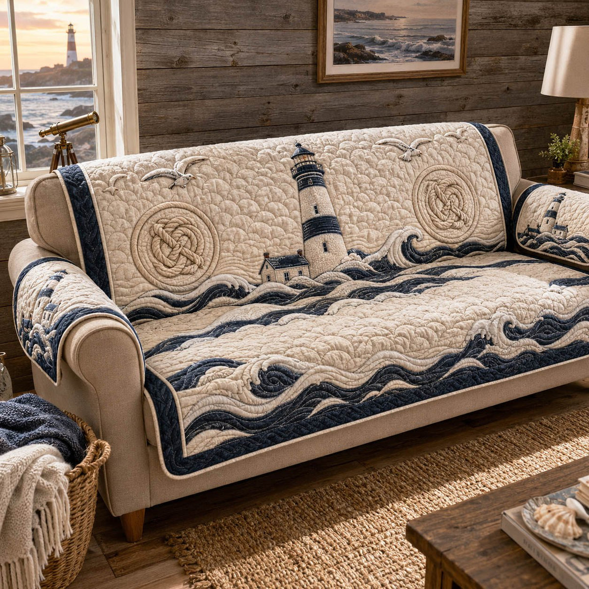Seaside Escape Lighthouse on Cream and Navy Waves Sofa Cover