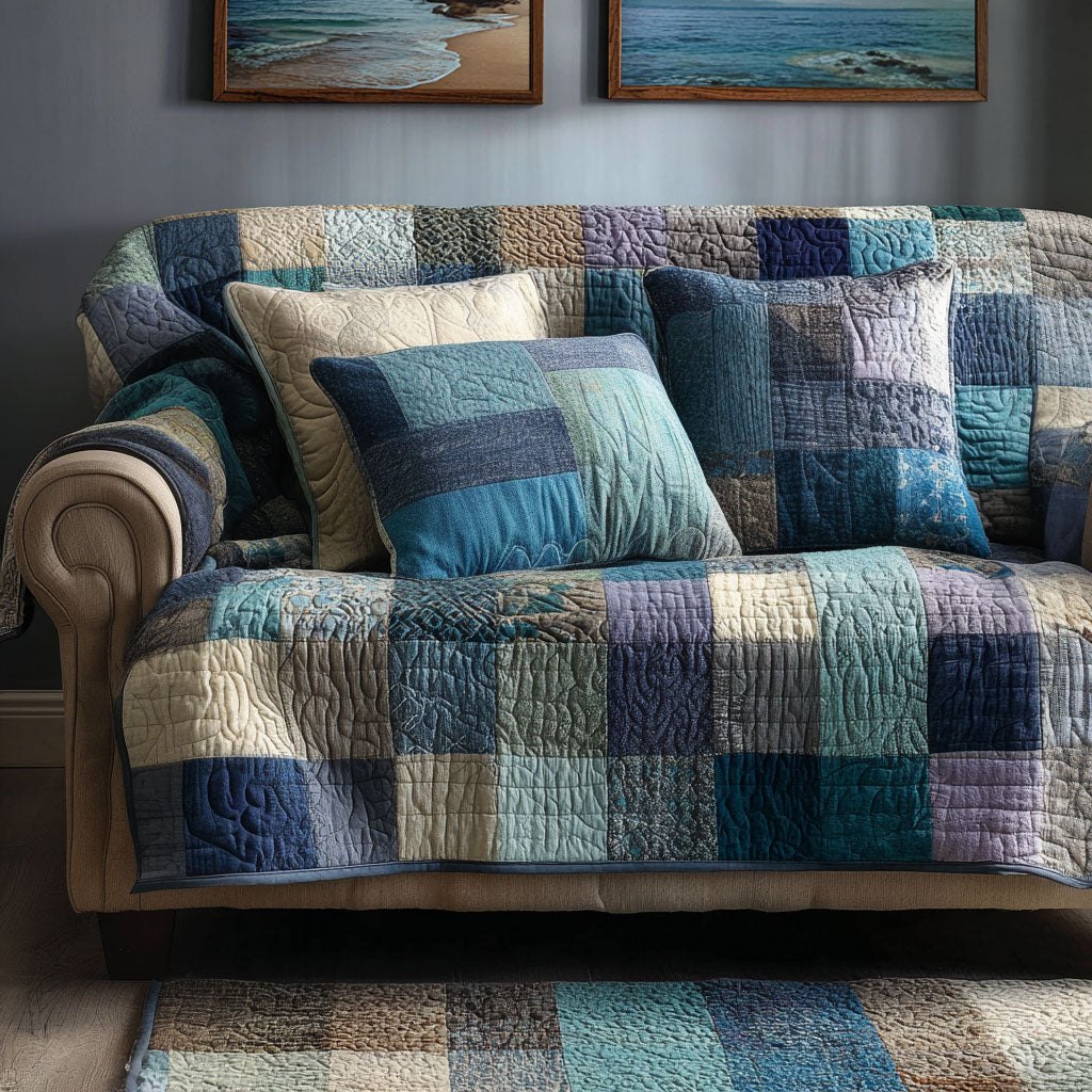 Denim Blue Quilted Squares Sofa Cover