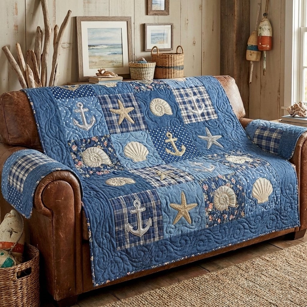 Anchors and Shells on Denim Blue Sofa Cover