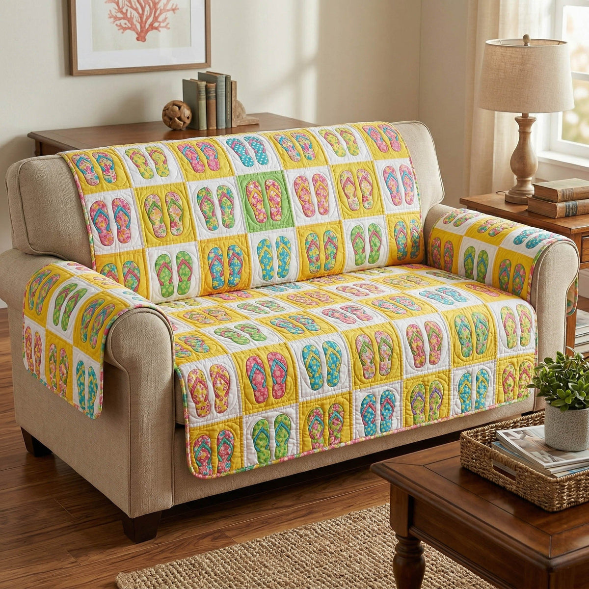 Flip Flops on Sunny Yellow Blocks Sofa Cover