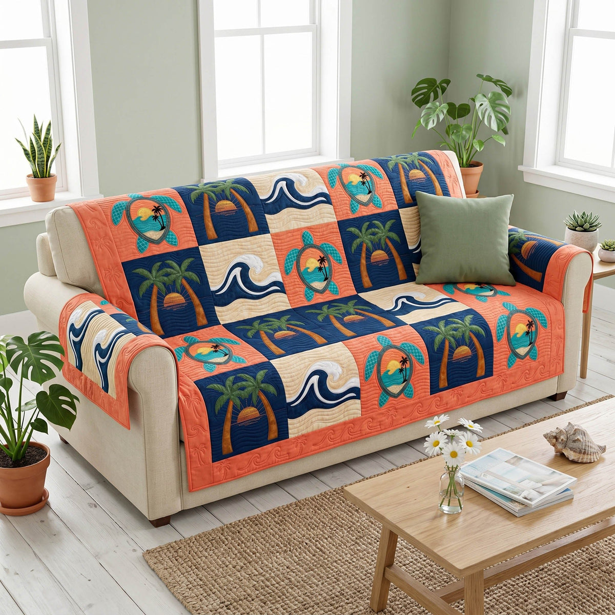 Palms and Waves on Coral and Navy Sofa Cover