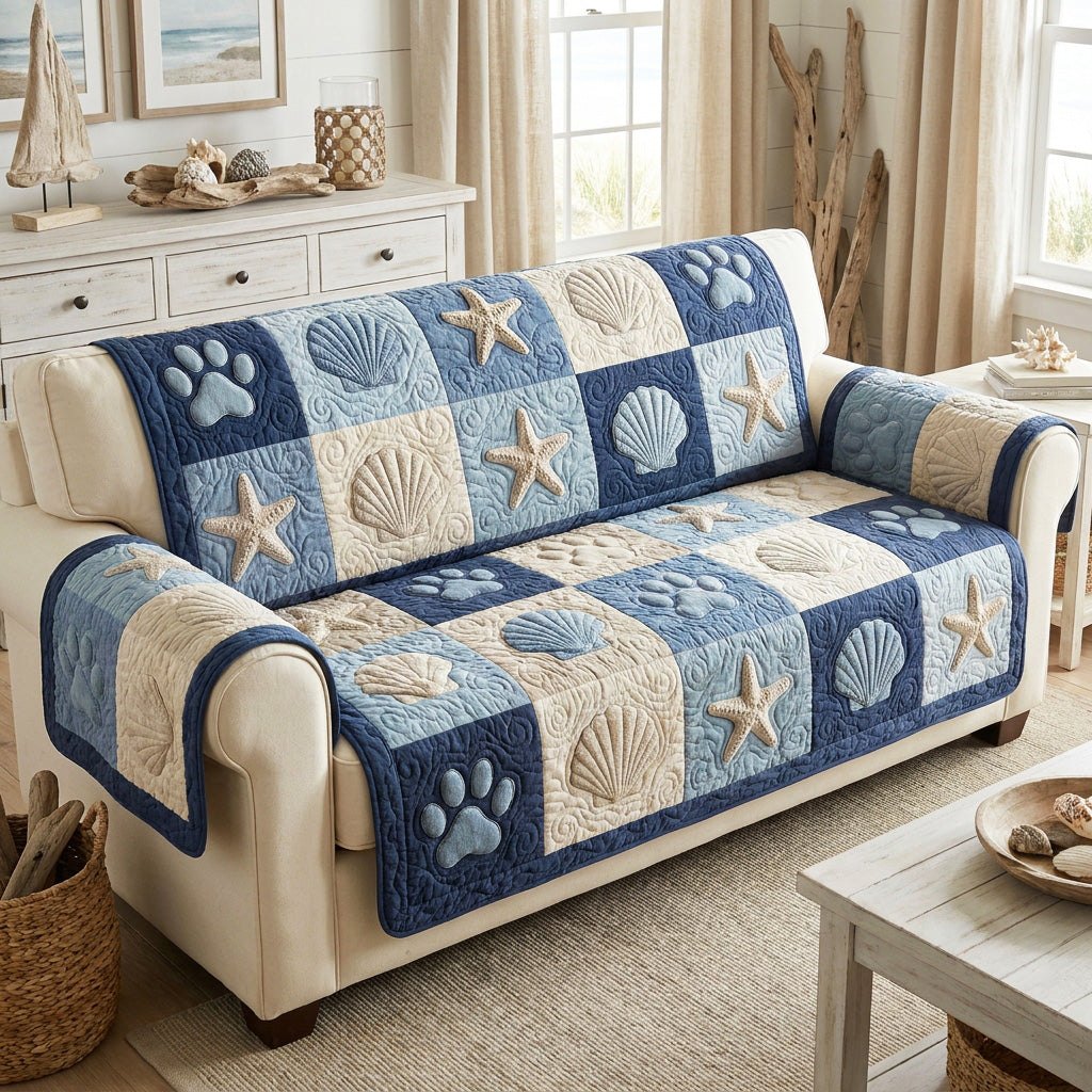 Paw Prints and Shells on Pale Blue Sofa Cover