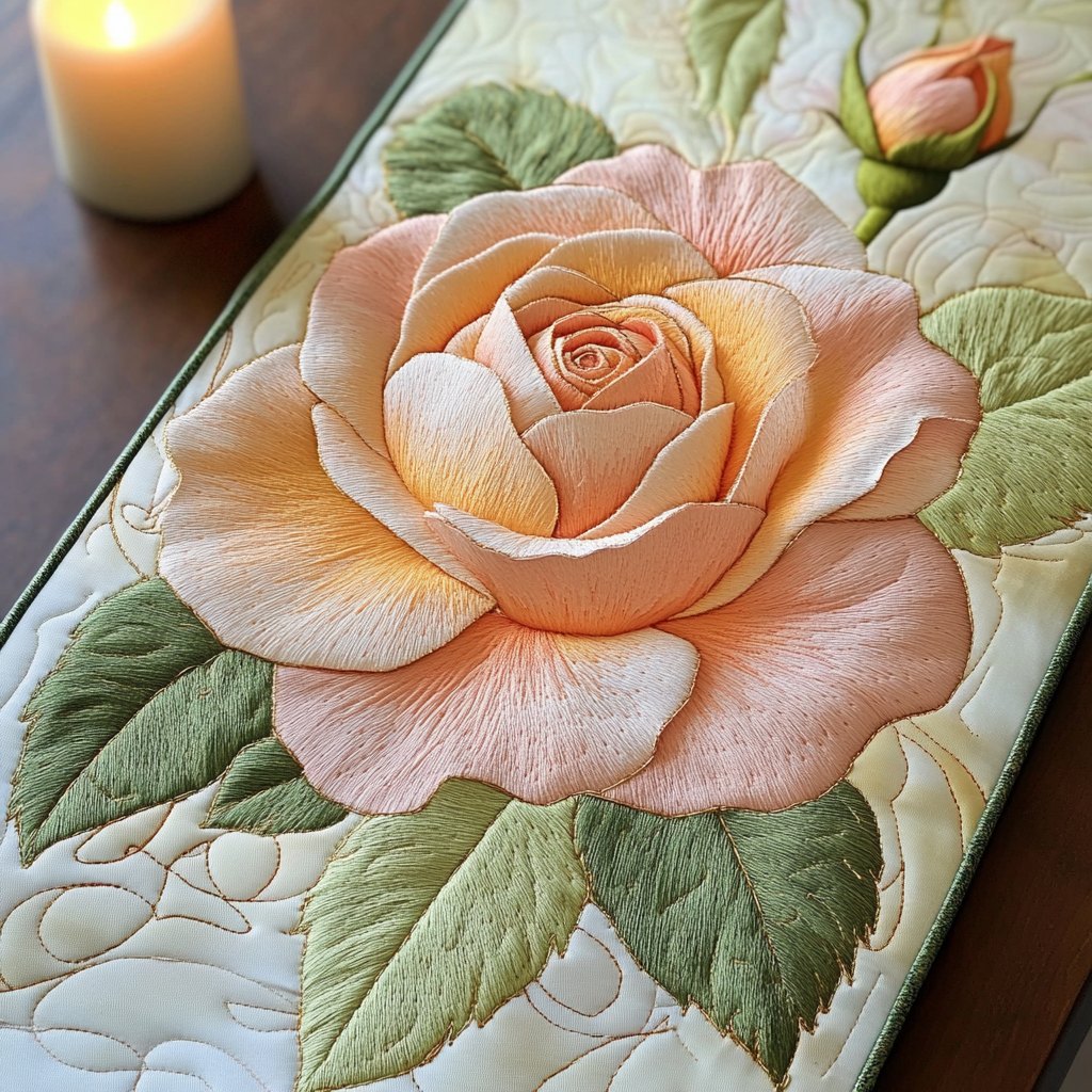 Peach Rose on Green Leaves Table Runner
