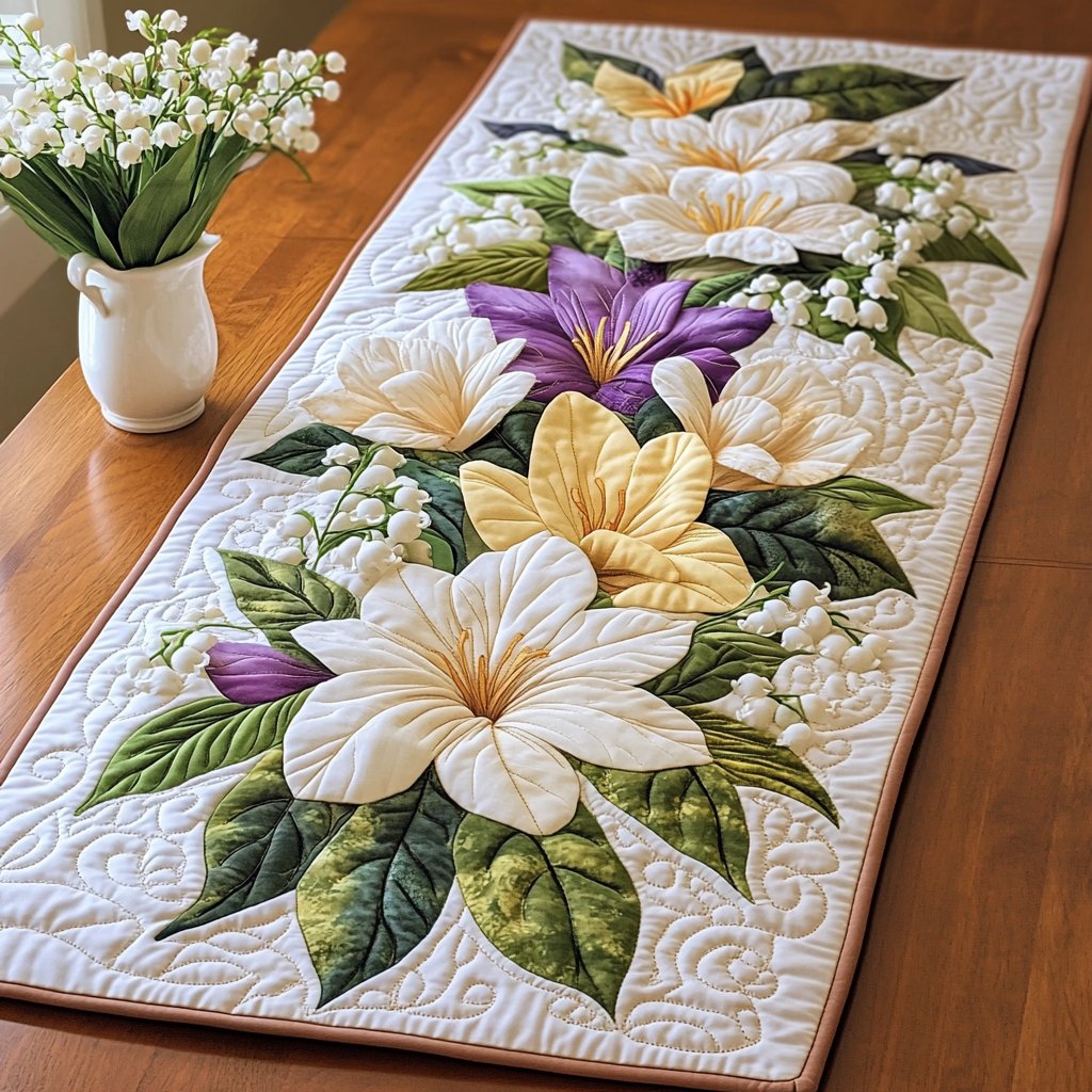 White Lilies with Purple Blooms Table Runner