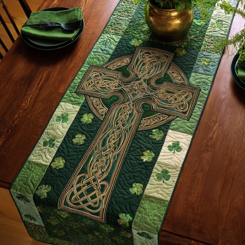 Shamrock Garden Celtic Cross with Green Shamrocks Table Runner