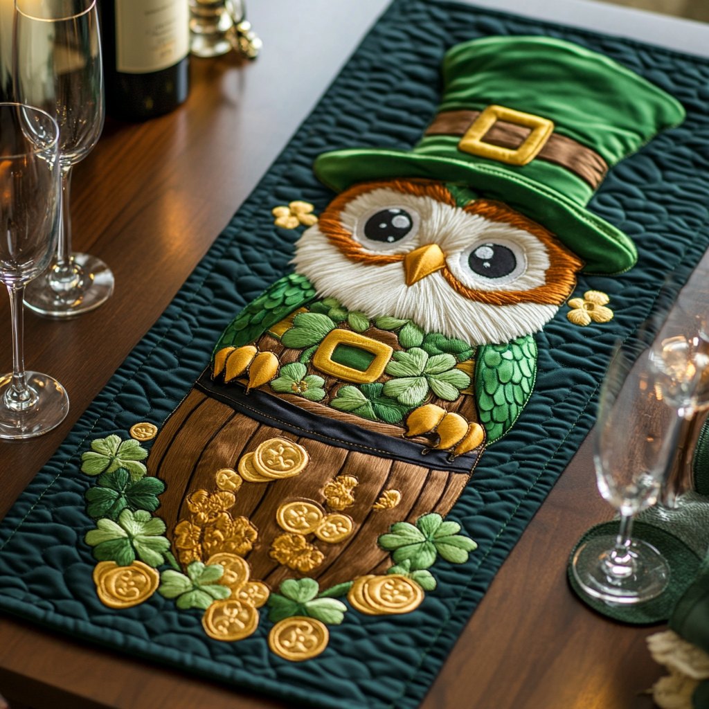 Owl in Green Hat with Coins Table Runner