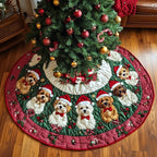 Shih Tzus in Santa Hats on Green Christmas Tree Skirt