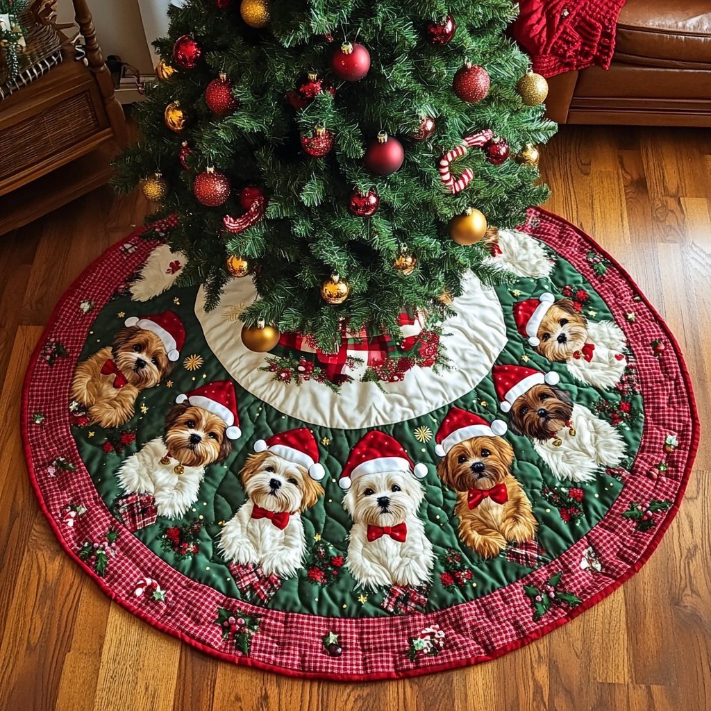Shih Tzus in Santa Hats on Green Christmas Tree Skirt