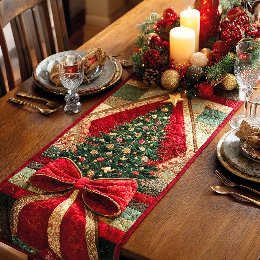 Red Bow on Green Quilt Table Runner