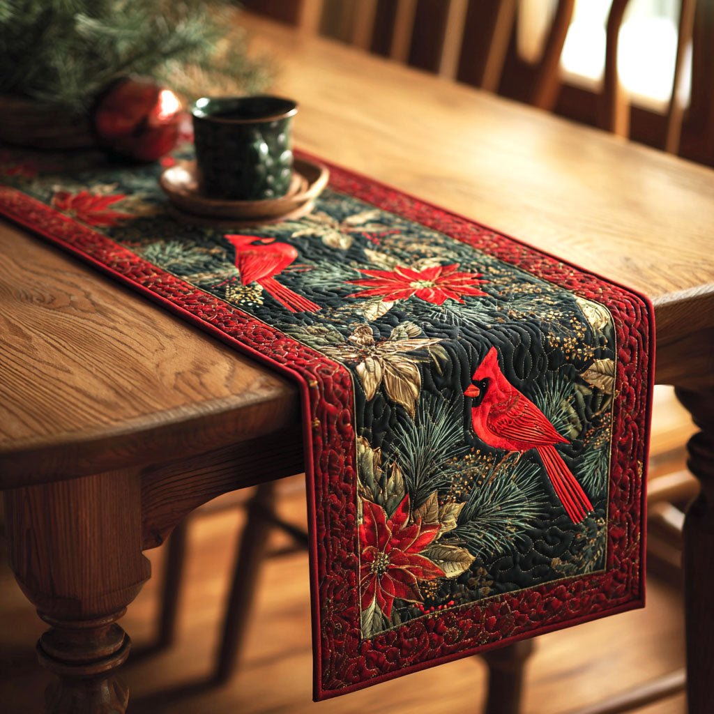 Cardinal with Red Poinsettias Table Runner