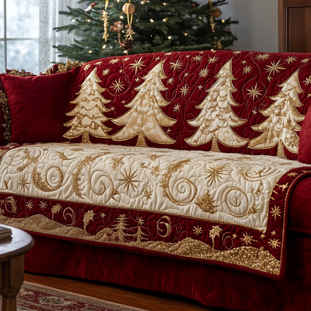 Cream Christmas Trees on Red Sofa Cover