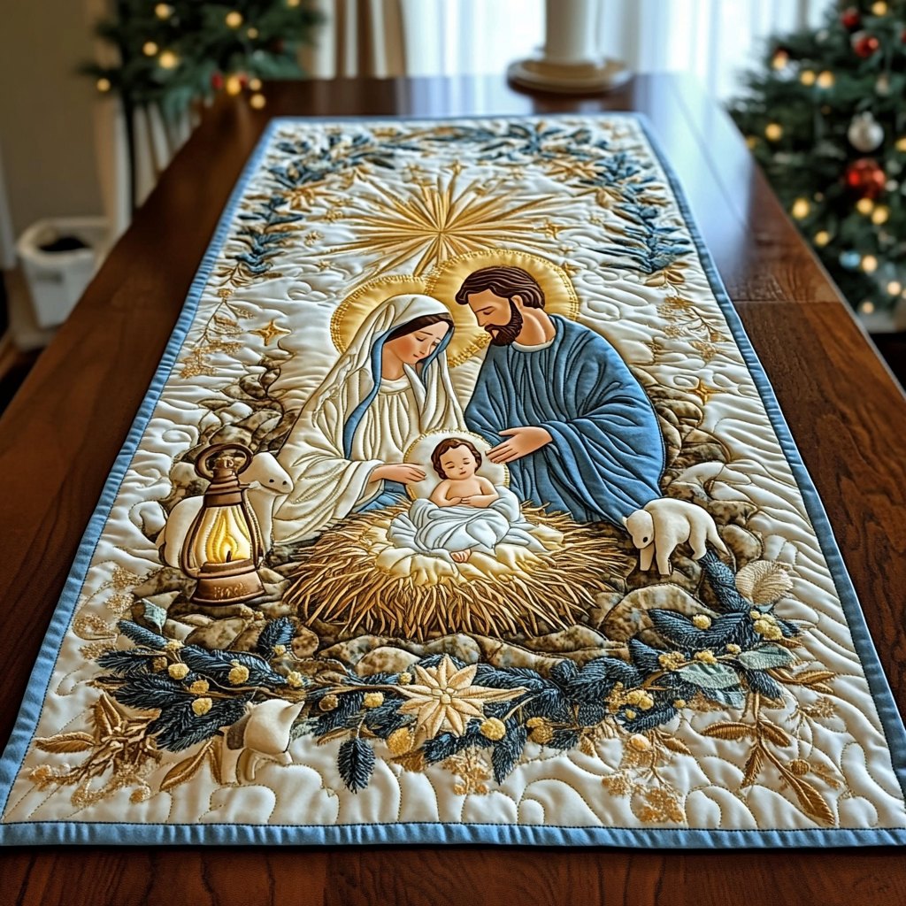 Nativity in Gold and Blue Table Runner