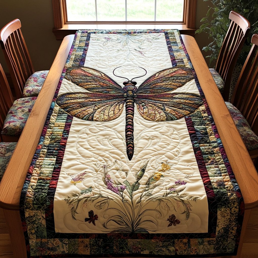 Dragonfly on Cream with Wildflowers Table Runner