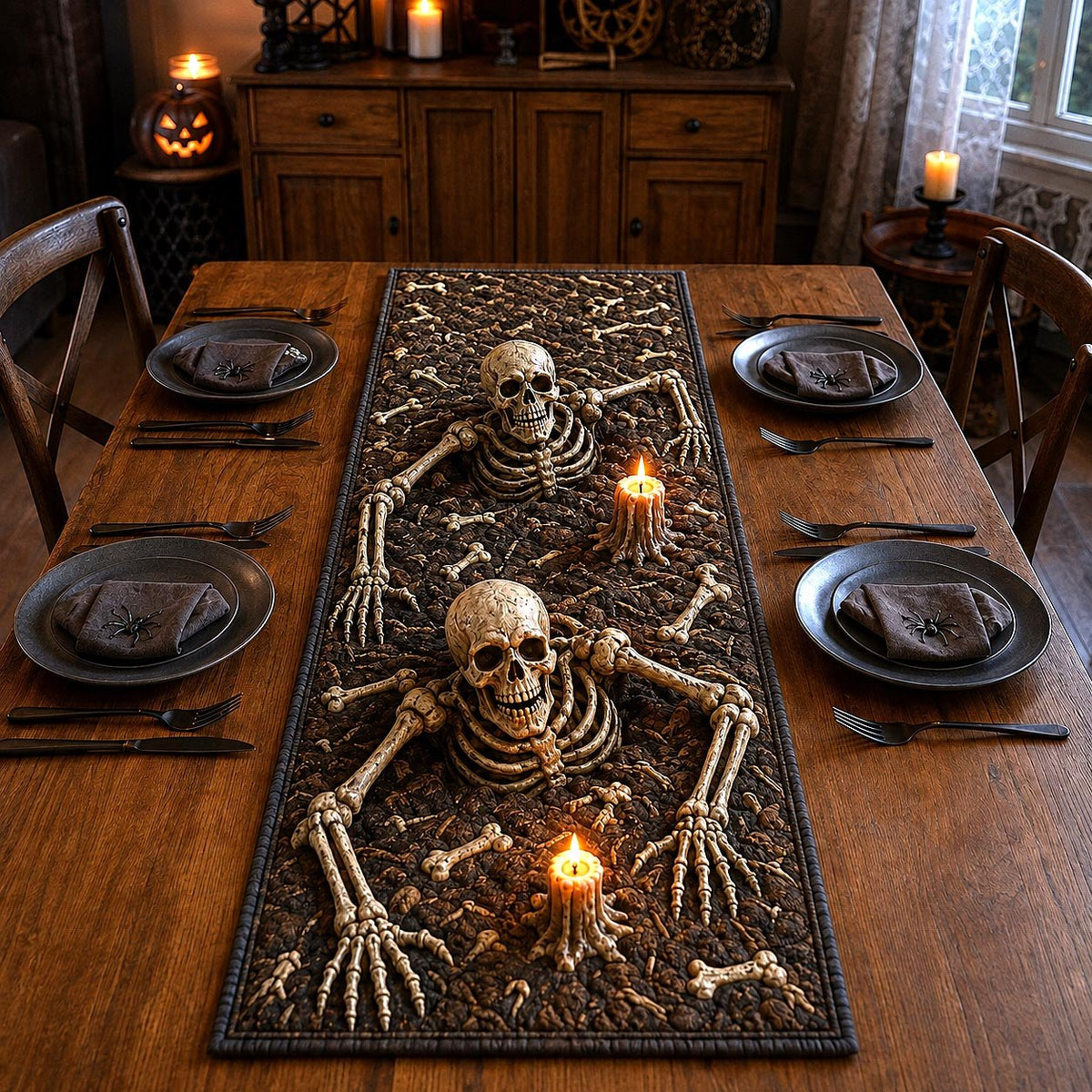 Skeleton Rising from Candlelit Grave Table Runner