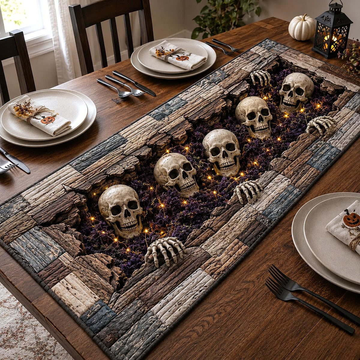 Skulls in Cracked Stone Wall Table Runner