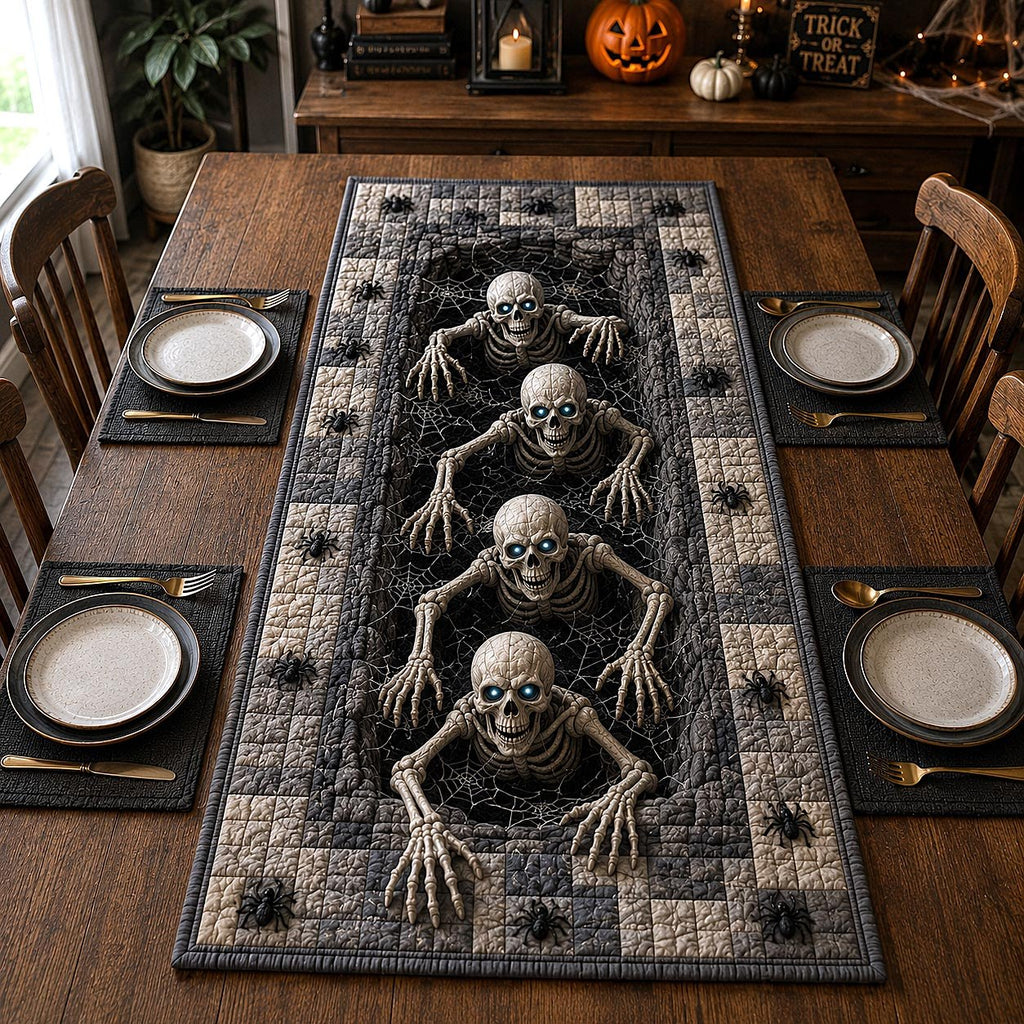 Cobweb Skeletons with Spiders Table Runner