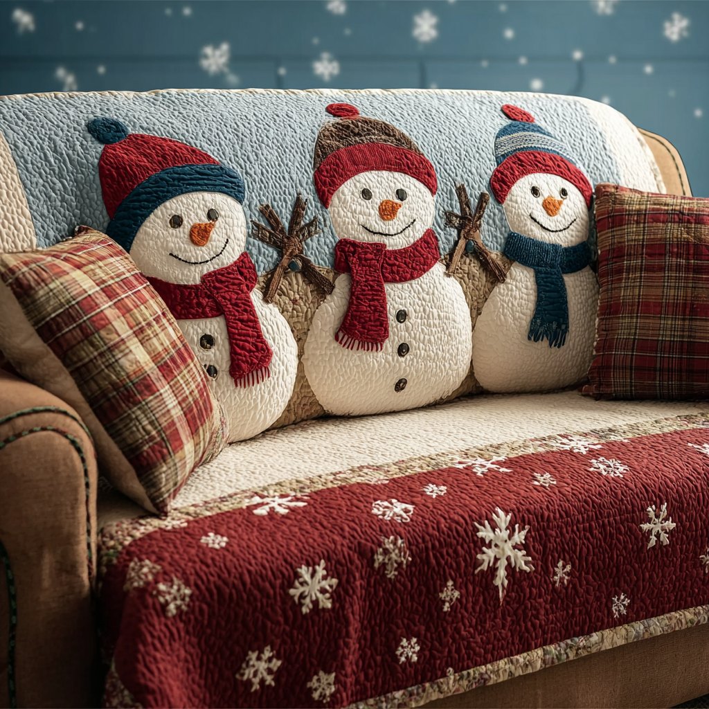 Snowmen in Scarves on Red Snowflakes Sofa Cover