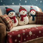 Snowmen in Scarves on Red Snowflakes Sofa Cover