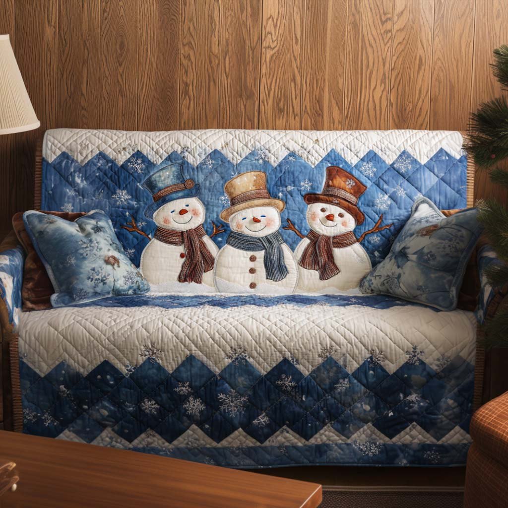 Snowmen in Top Hats on Blue Sofa Cover