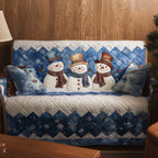 Snowmen in Top Hats on Blue Sofa Cover