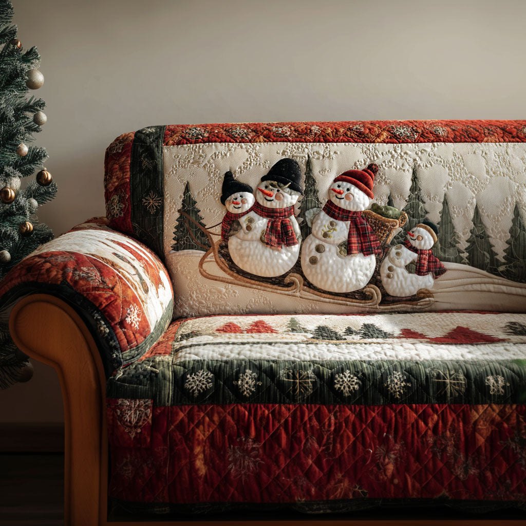 Snowmen on a Sled with Trees Sofa Cover
