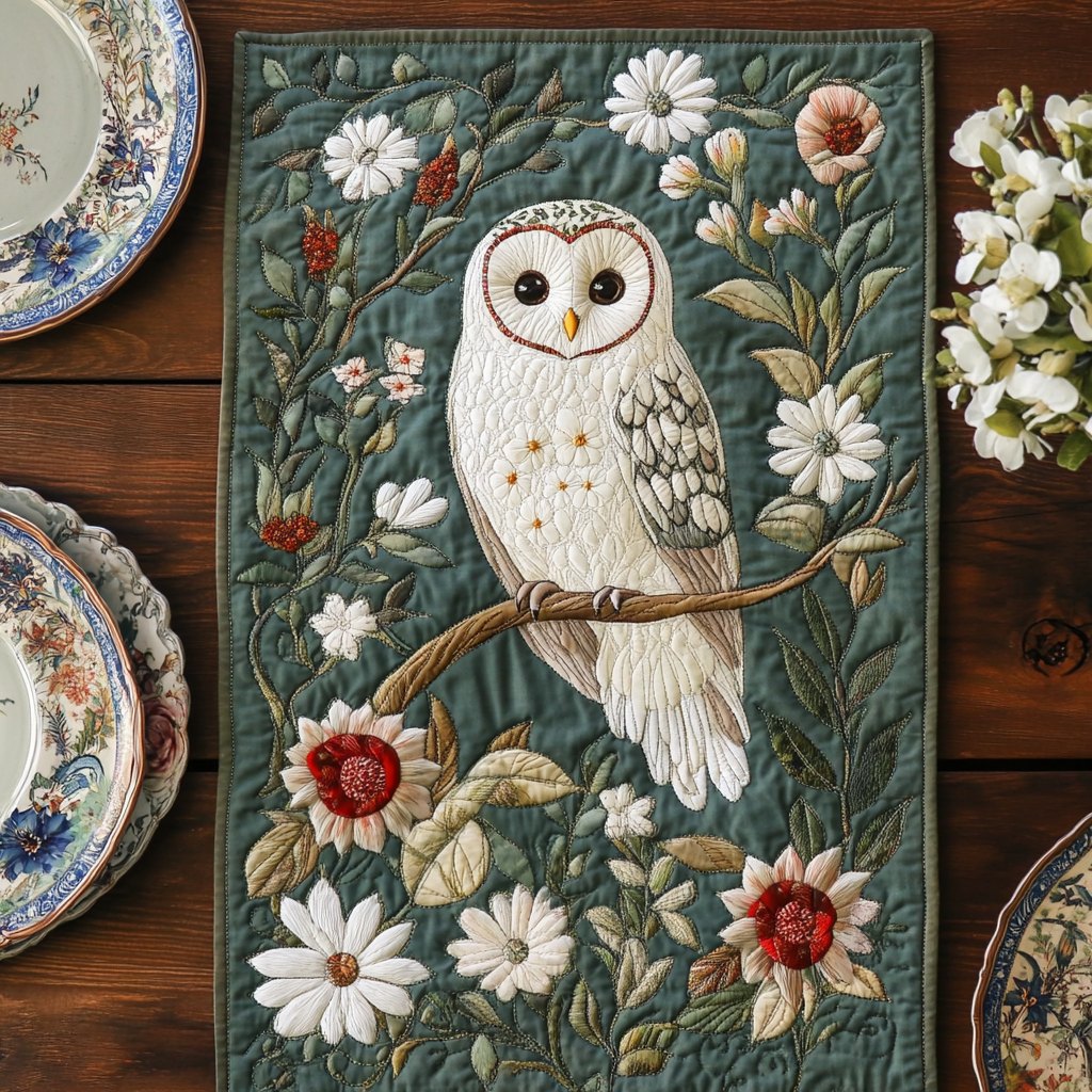 White Owl with Daisies on Green Table Runner