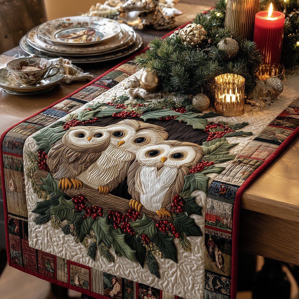 Owls on Pine Branch with Berries Table Runner