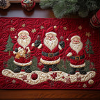 Row of Santas on Red Table Runner