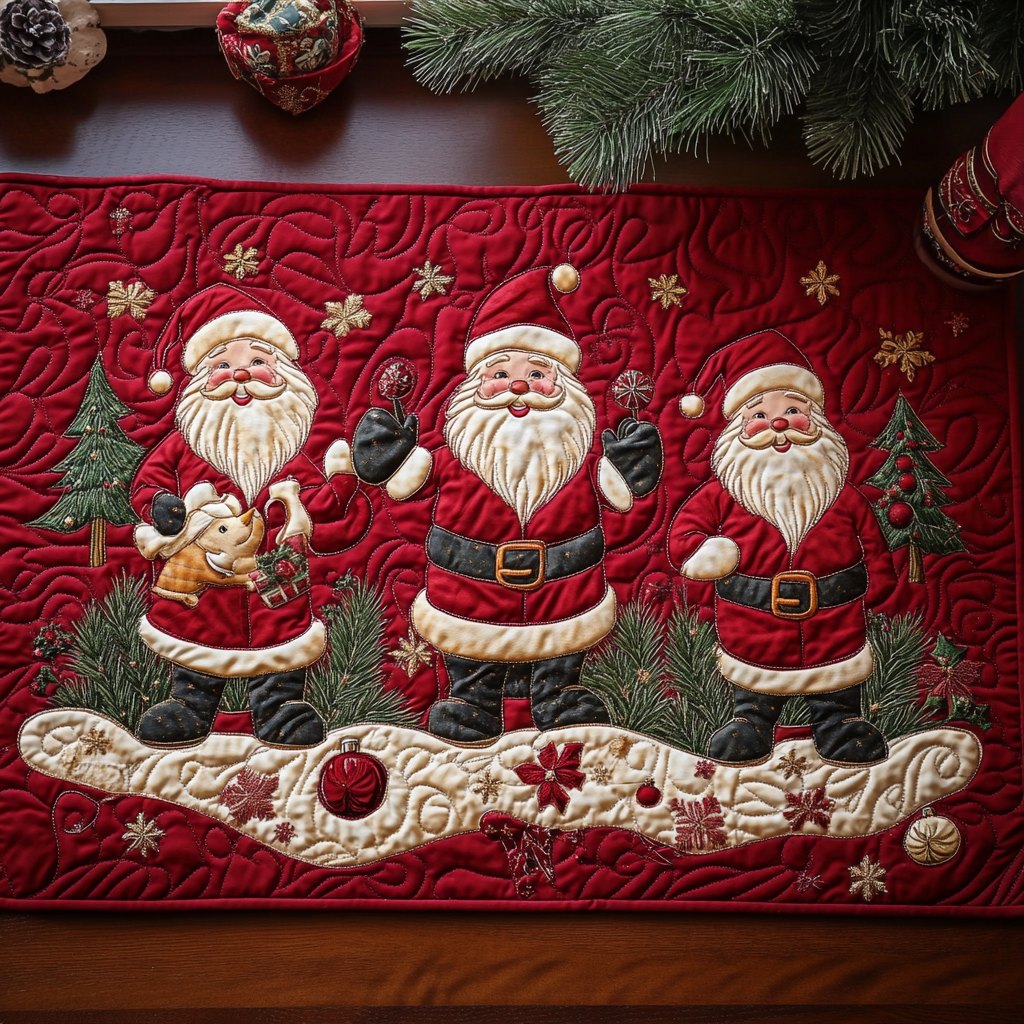 Row of Santas on Red Table Runner