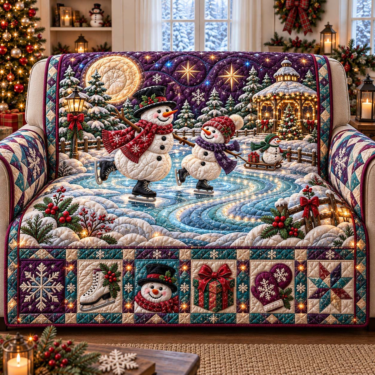 Snowman Ice Skating Sofa Cover