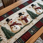 Snowmen in Top Hats with Plaid Table Runner