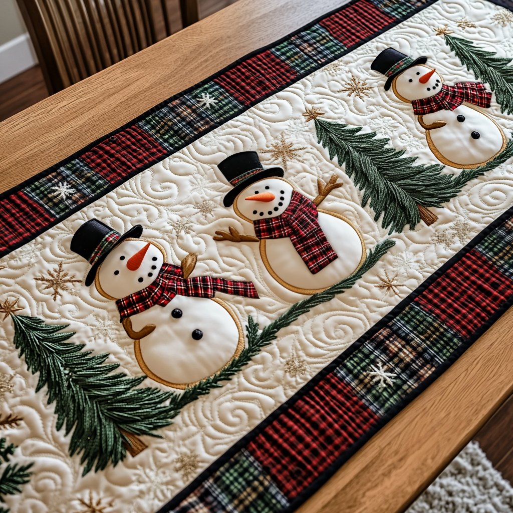 Snowmen in Top Hats with Plaid Table Runner