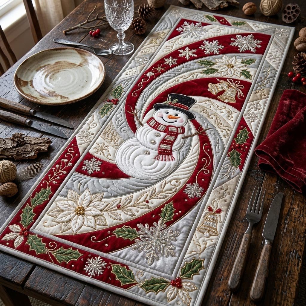 Snowman in a Red Spiral Swirl Table Runner