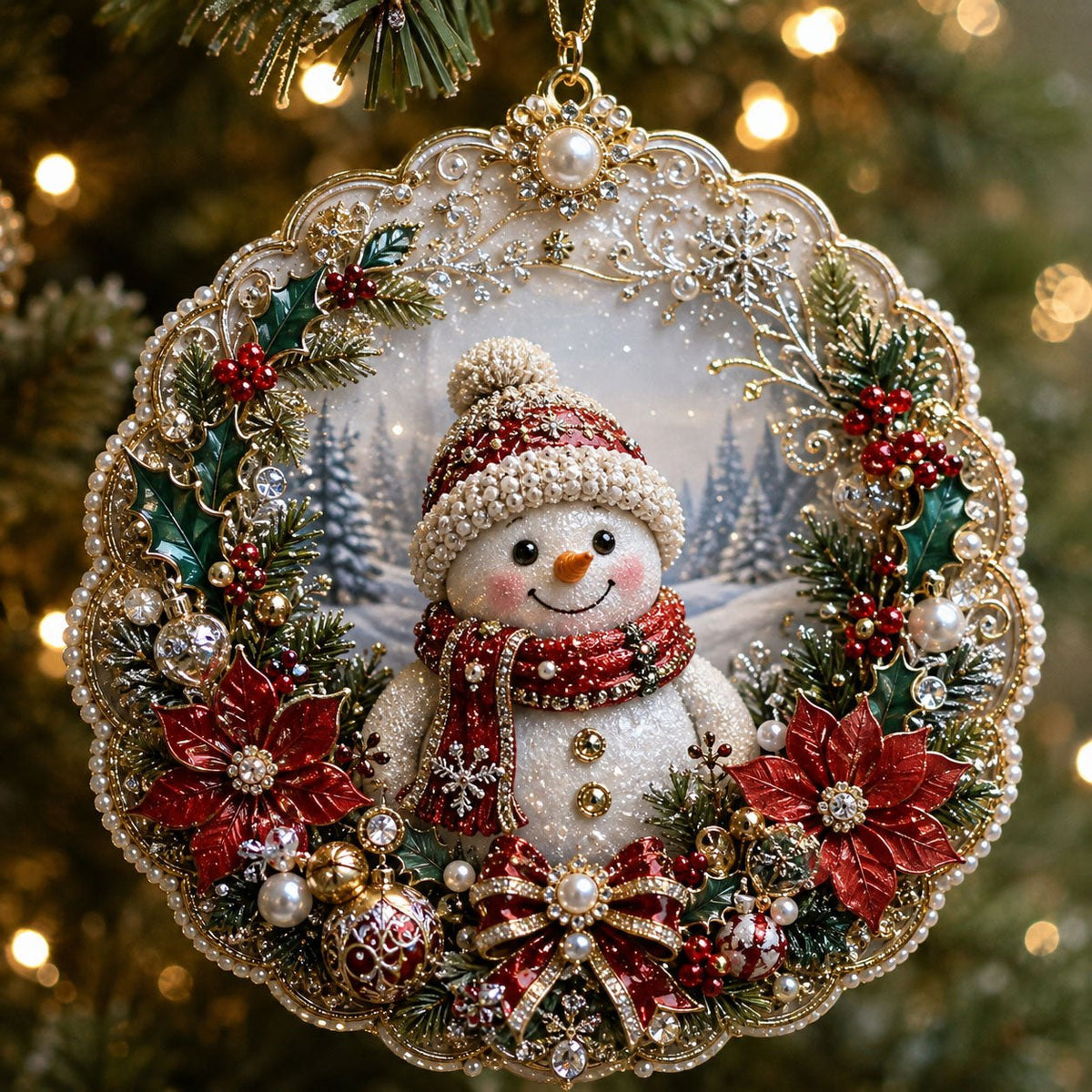 Snowman Poinsettia Christmas Ornament