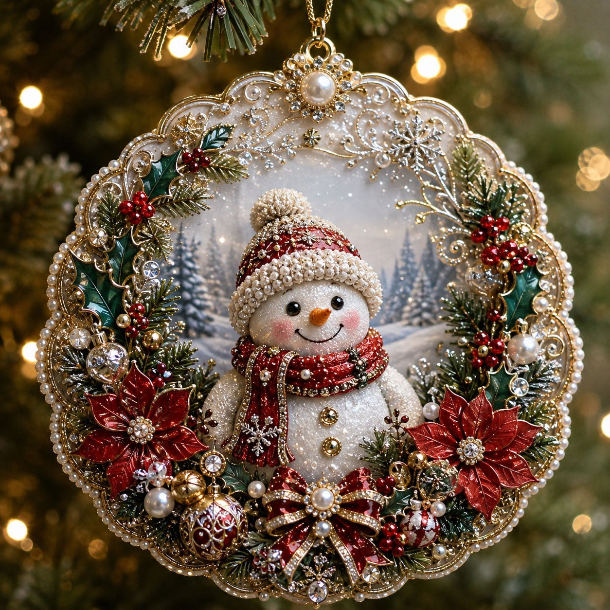 Snowman Poinsettia Christmas Ornament
