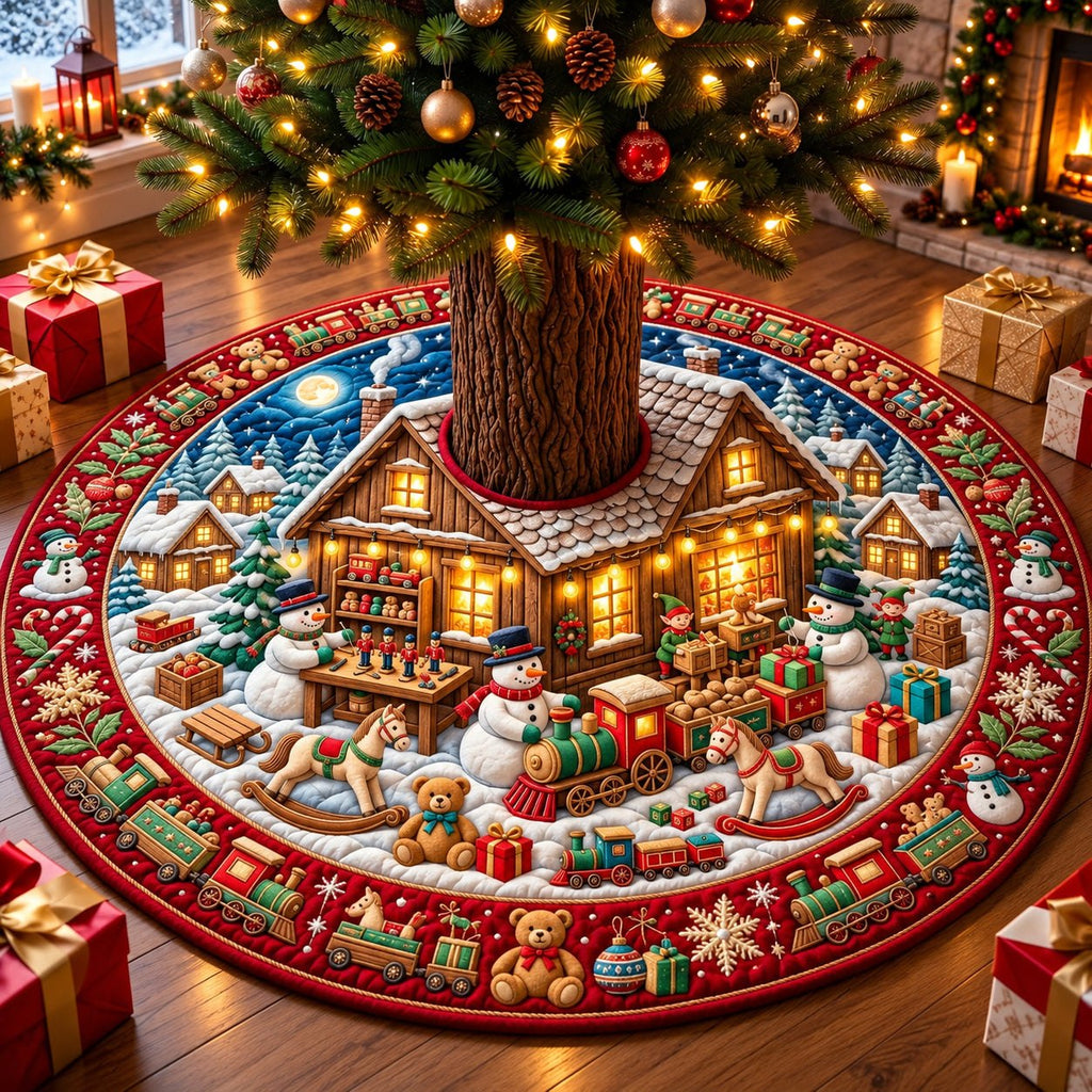 Snowman Toy Workshop Christmas Tree Skirt