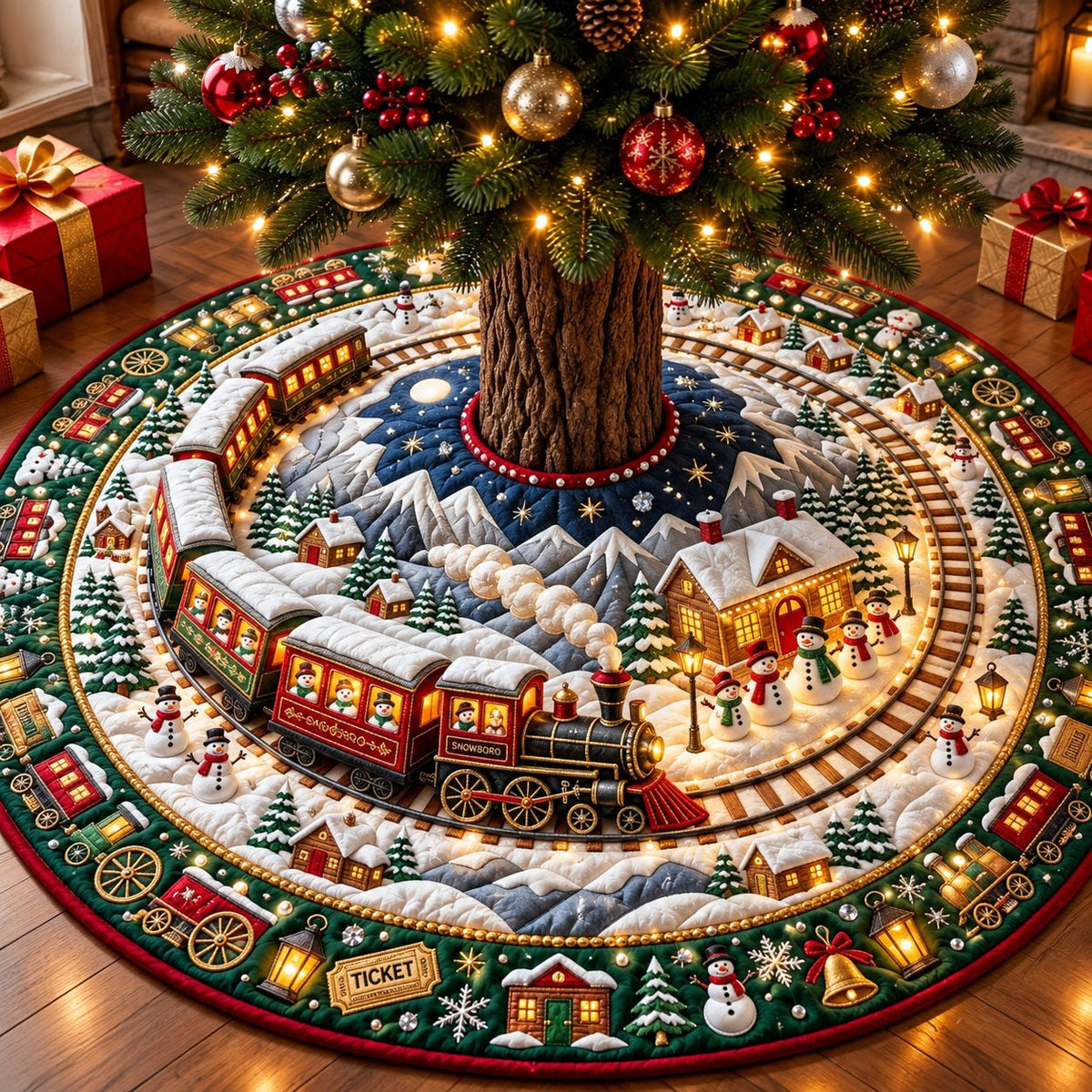Snowman Train Journey Christmas Tree Skirt