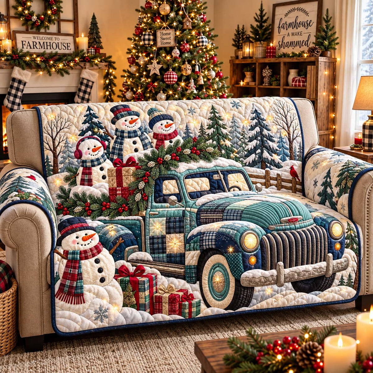 Snowman Truck Christmas Sofa Cover