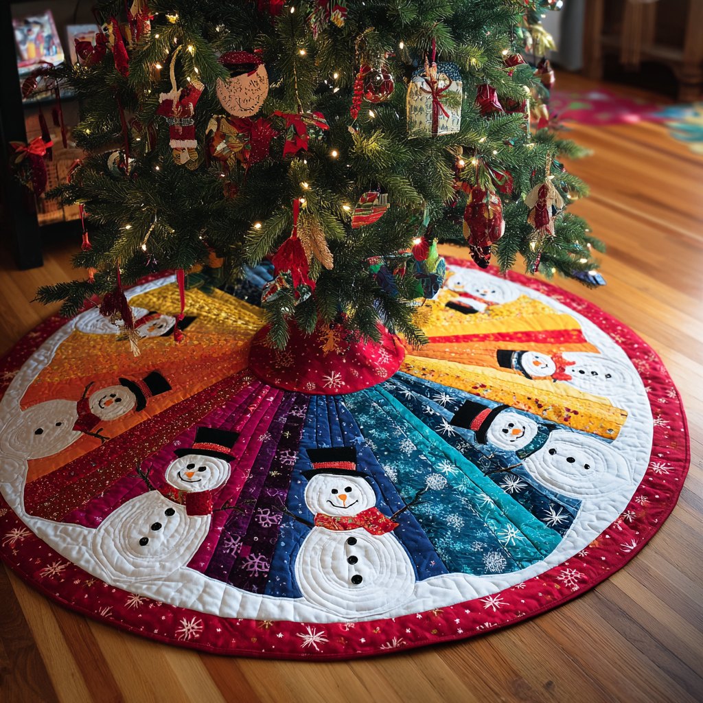 Snowmen on the Rainbow Wedge Ring Christmas Tree Skirt