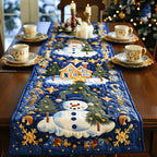 Snowmen and Cottages on Blue Table Runner