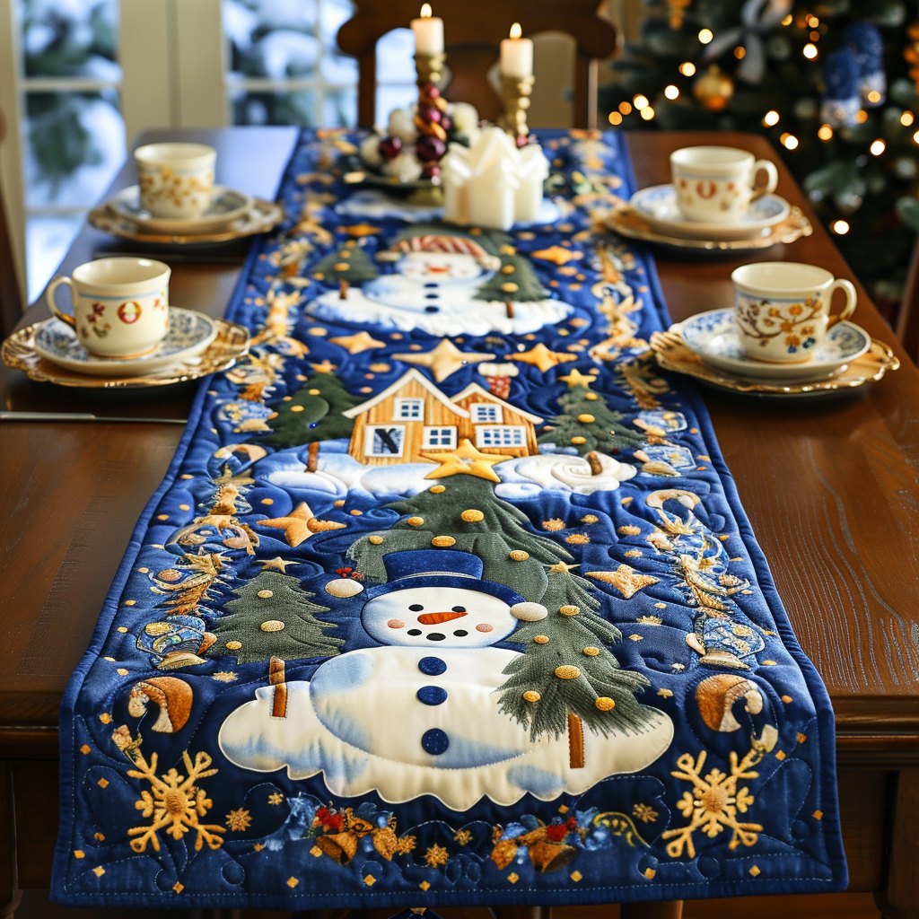 Snowmen and Cottages on Blue Table Runner