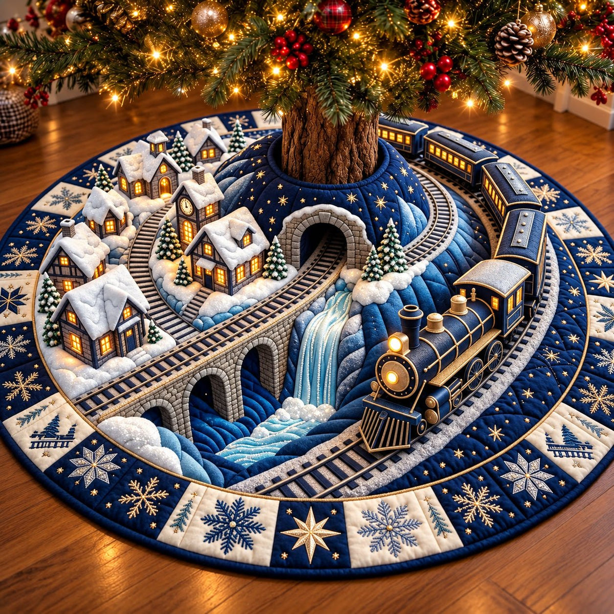 Snowy Bridge Train Christmas Tree Skirt