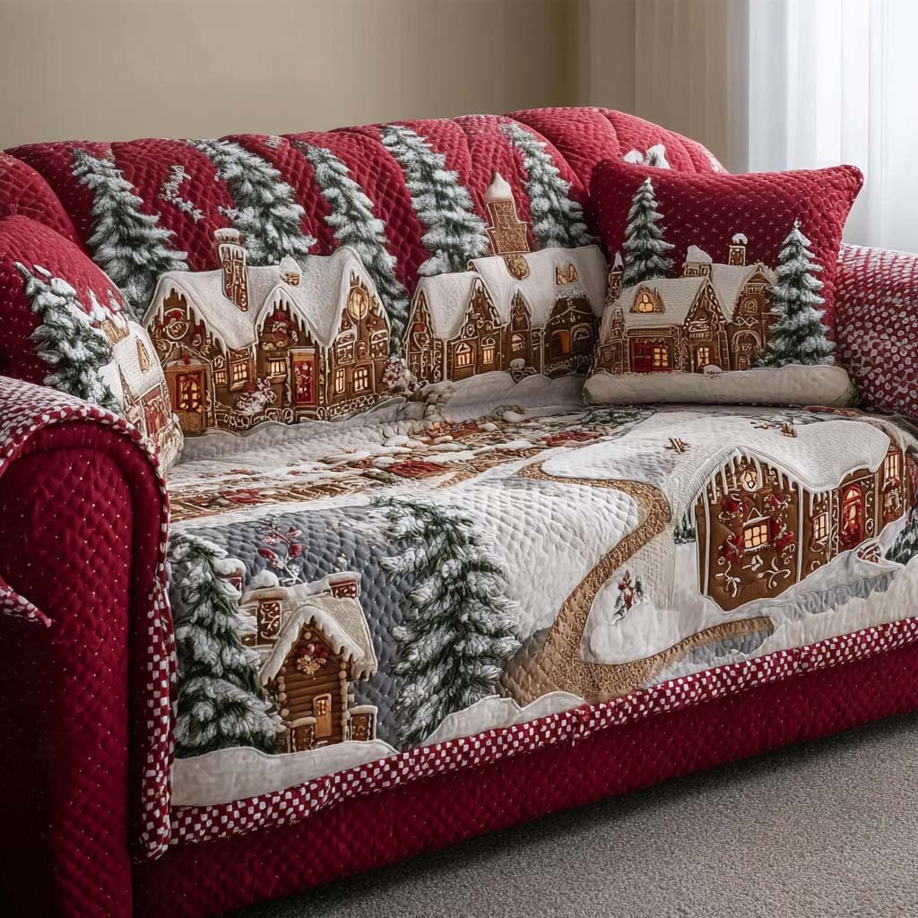 Gingerbread Village on Red and Cream Sofa Cover