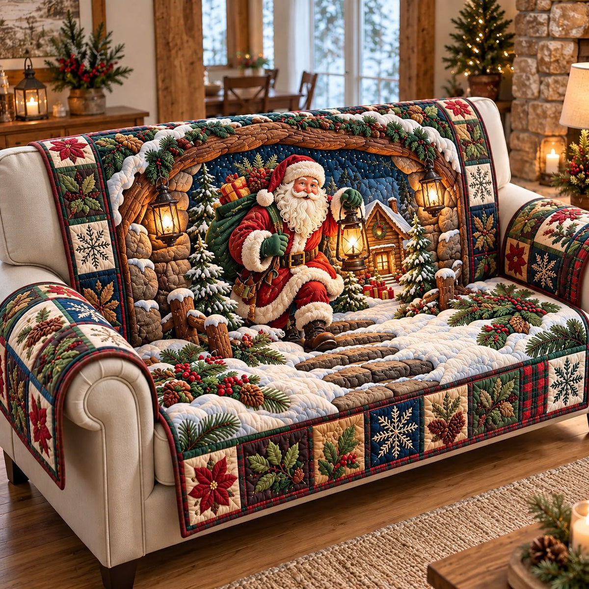 Snowy Cabin Santa Sofa Cover