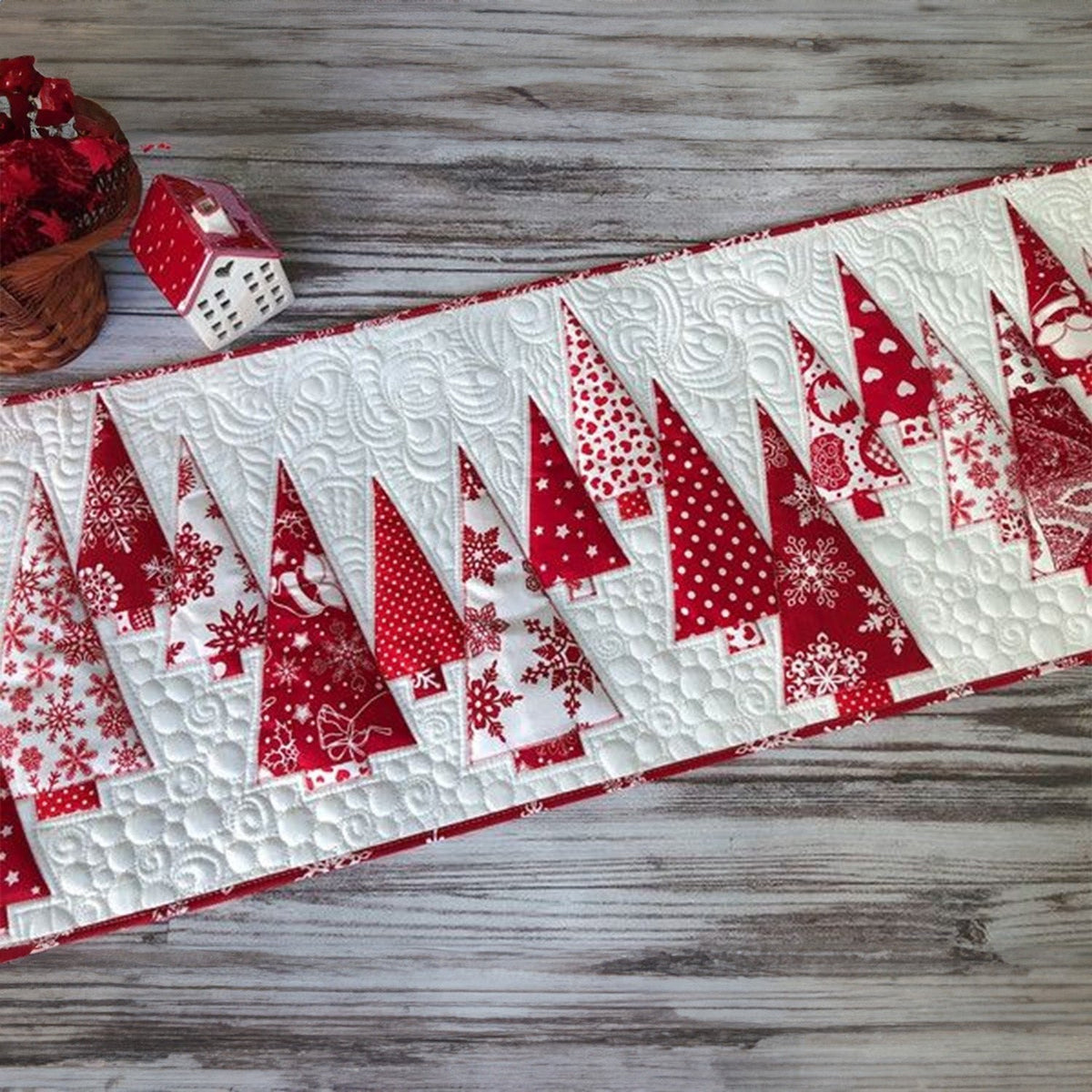 Red Patterned Trees on White Table Runner