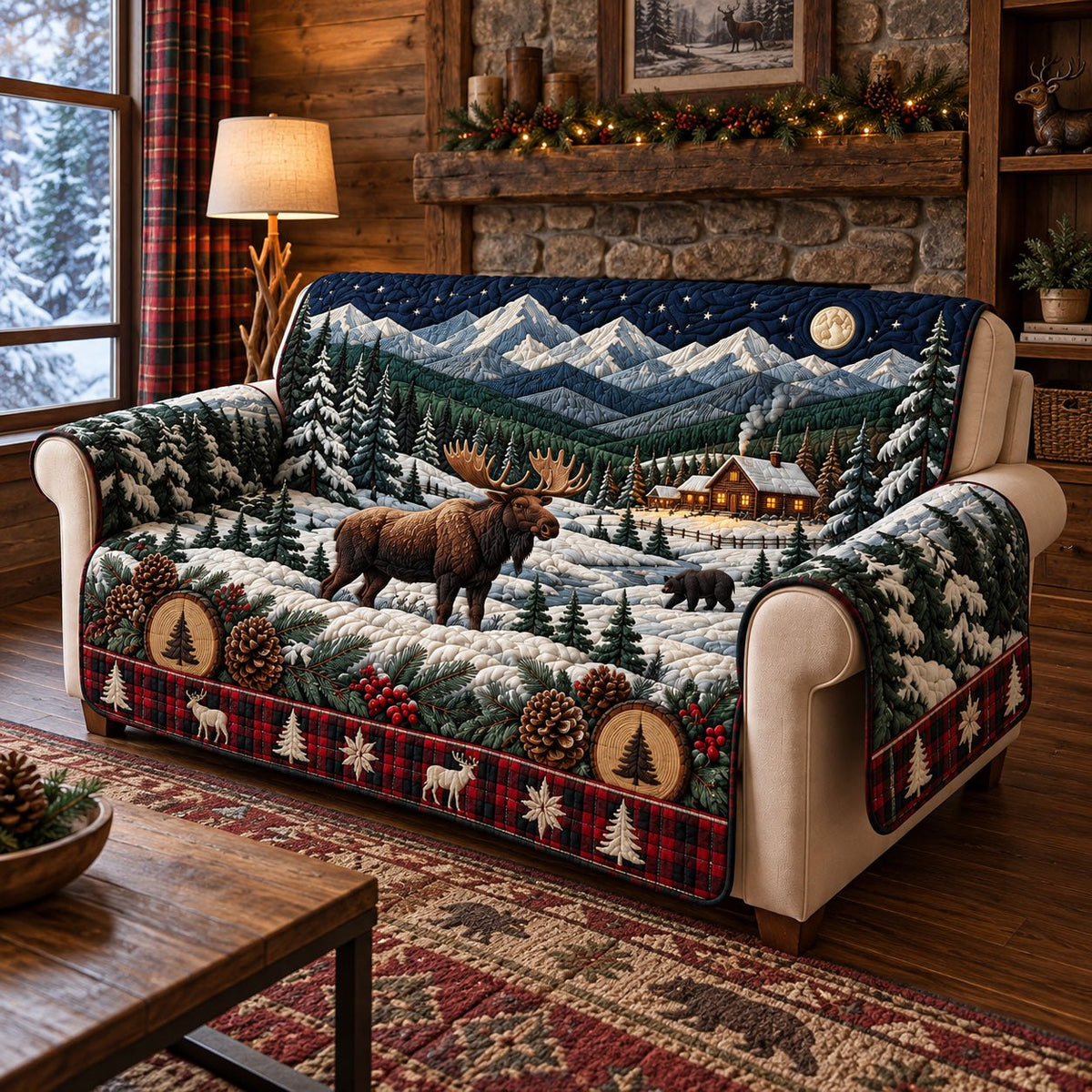 Snowy Mountain Wildlife Cabin Sofa Cover