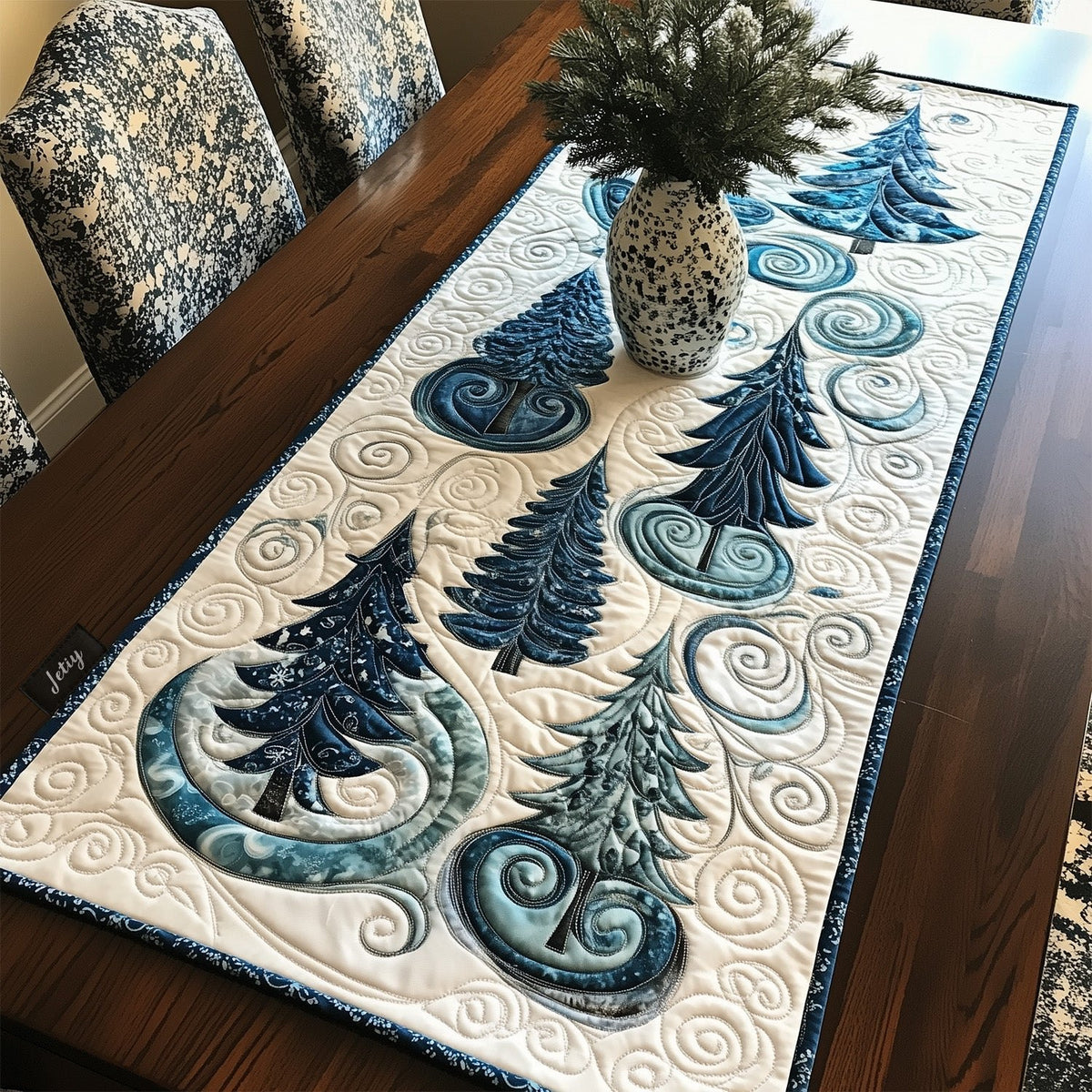 Teal Pine Trees on Cream Table Runner